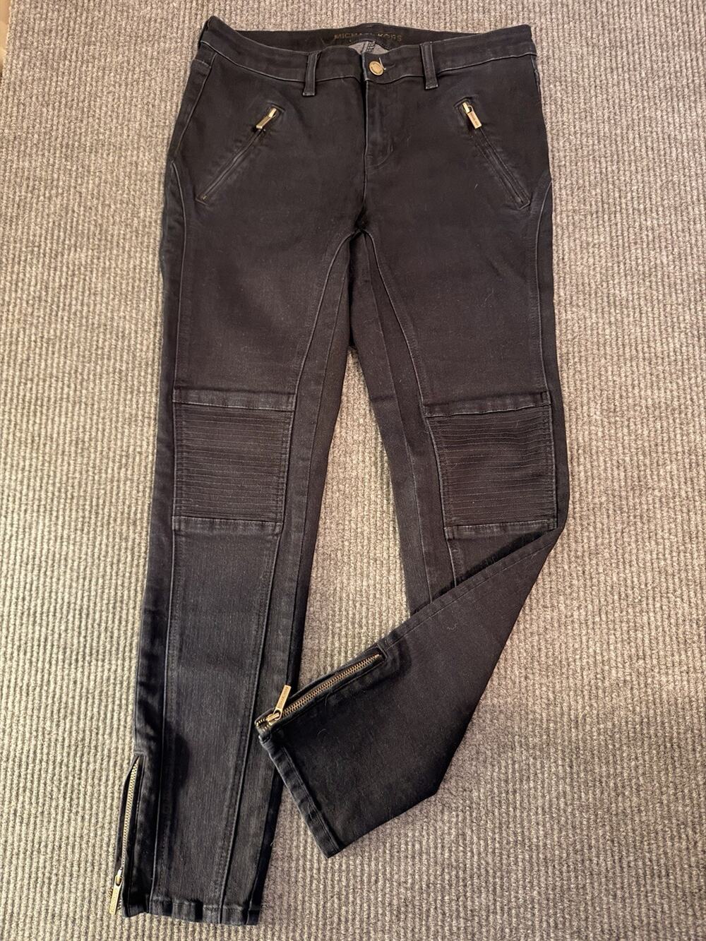 Michael Kors Women's Black Moto Skinny Jeans Size 8 Gold Zipper Details